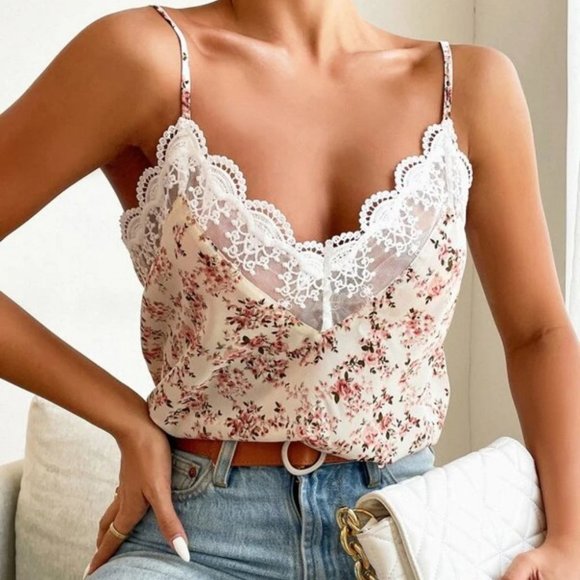 Floral Print Lace Trimmed Cami Top - Picture 6 of 6